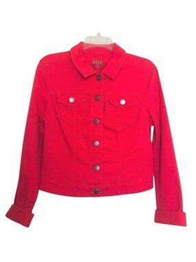 Elle Denim Jean Jacket Womens Small Coral Pink Button Down Pockets Long Sleeve